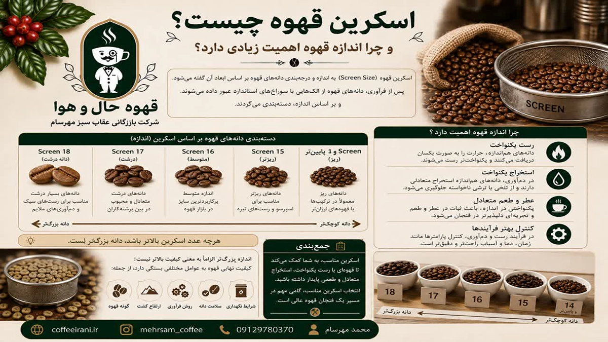 اسکرین قهوه چیست و چرا اندازه دانه اهمیت دارد؟ راهنمای جامع برای انتخاب آگاهانه